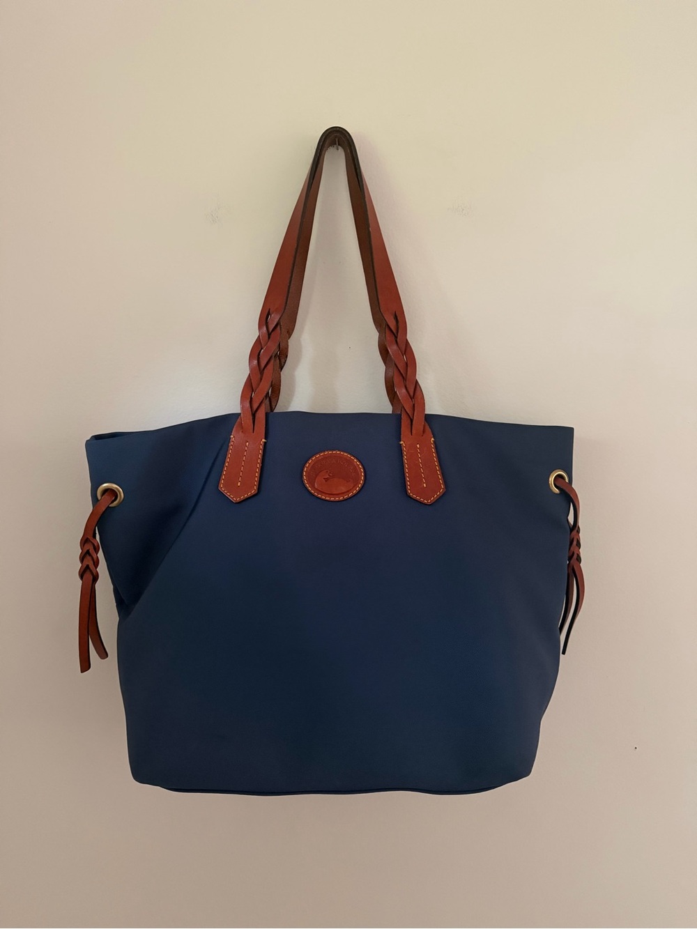 Dooney & Bourke Nylon Shopper Tote Navy Vacchetta Leather Braided Shoulder Bag - Picture 2 of 11